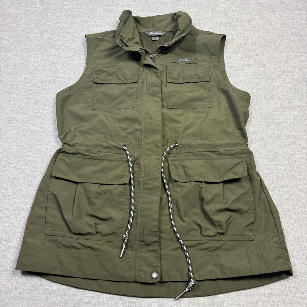 Eddie Bauer Vest Womens Medium Green Military Collared Lined Zip Pockets Utility